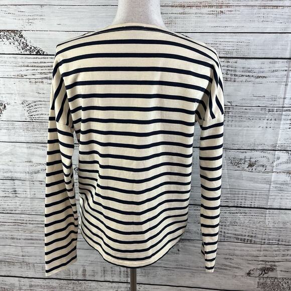 J. Crew Top Pullover sz Small Ivory Navy Blue Striped Lip Stick Lips Embroidery - Picture 6 of 7